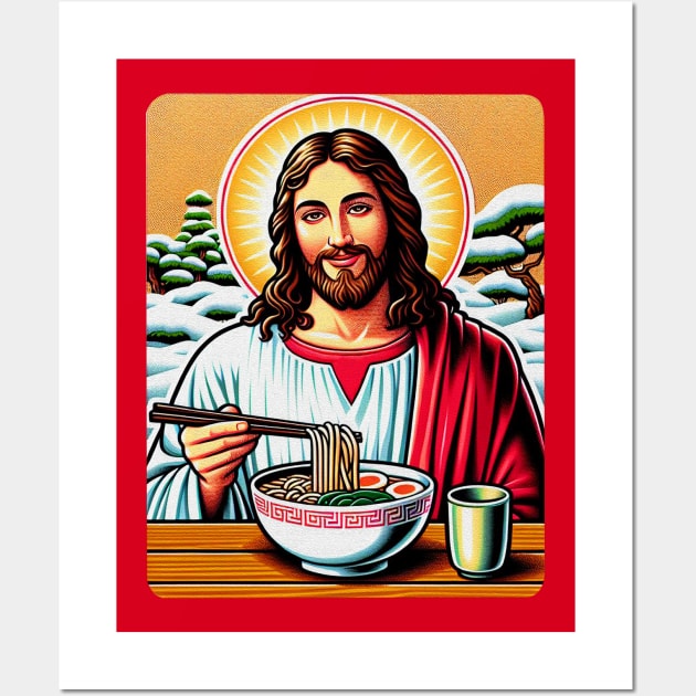 Jesus Christ Eating Ramen Drinking Matcha Japanese Garden White Christmas Wall Art by Plushism